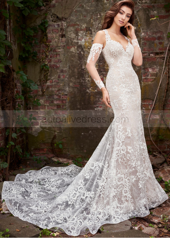 Ivory Lace Crisscross Back Romantic Wedding Dress With Detachable Sleeves